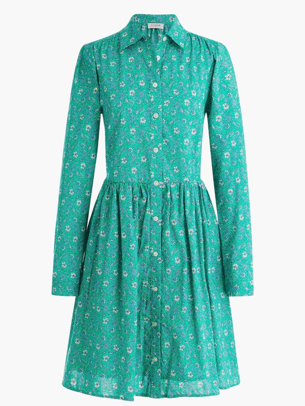 J. Crew Teal Green Floral Long-Sleeve Button Dress